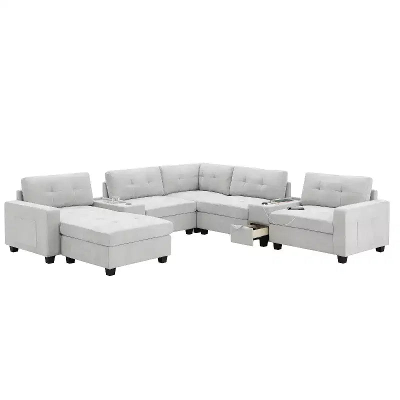 Canapé d'angle en U Whisen Chenille avec 2 consoles, chargeur USB, tiroirs et poches de rangement et pouf mobile