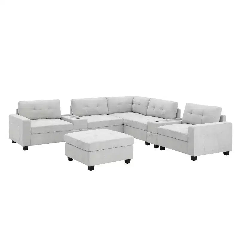 Canapé d'angle en U Whisen Chenille avec 2 consoles, chargeur USB, tiroirs et poches de rangement et pouf mobile
