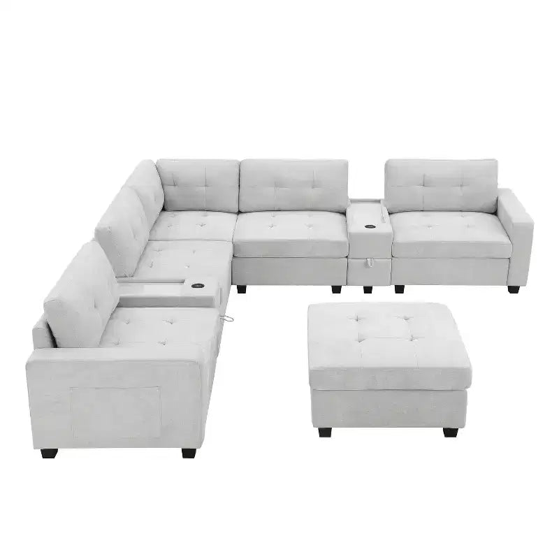 Canapé d'angle en U Whisen Chenille avec 2 consoles, chargeur USB, tiroirs et poches de rangement et pouf mobile