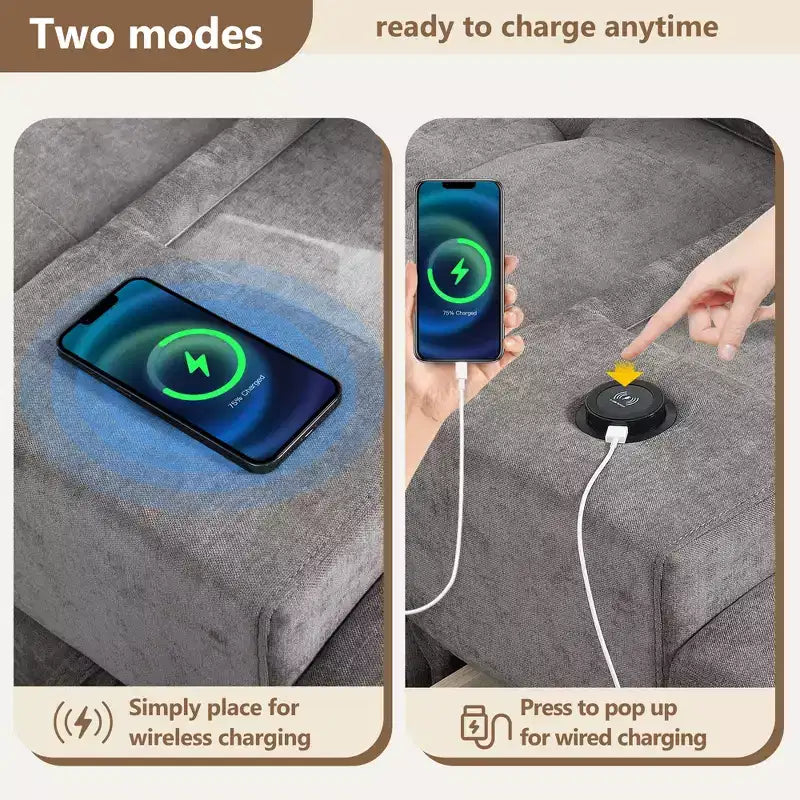 Canapé d'angle en U Whisen Chenille avec 2 consoles, chargeur USB, tiroirs et poches de rangement et pouf mobile