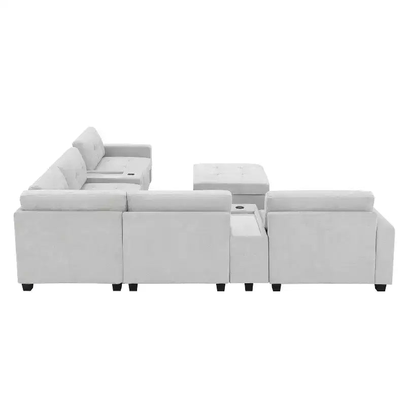 Canapé d'angle en U Whisen Chenille avec 2 consoles, chargeur USB, tiroirs et poches de rangement et pouf mobile
