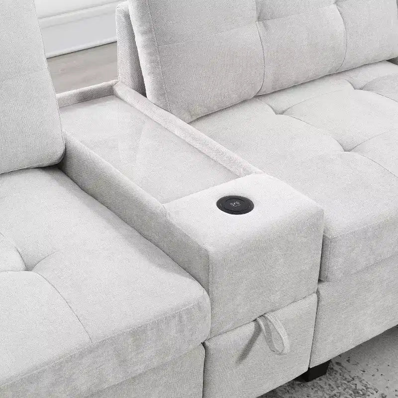 Canapé d'angle en U Whisen Chenille avec 2 consoles, chargeur USB, tiroirs et poches de rangement et pouf mobile
