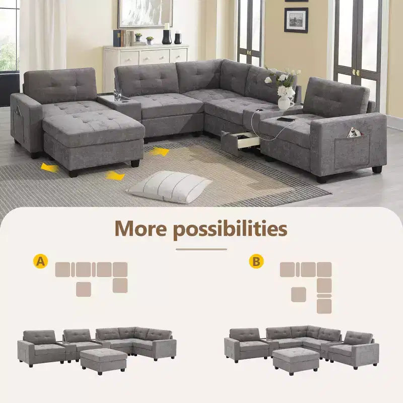 Canapé d'angle en U Whisen Chenille avec 2 consoles, chargeur USB, tiroirs et poches de rangement et pouf mobile
