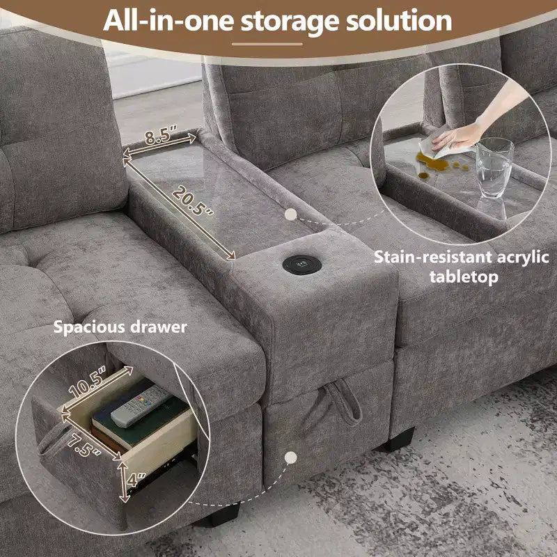 Canapé d'angle en U Whisen Chenille avec 2 consoles, chargeur USB, tiroirs et poches de rangement et pouf mobile