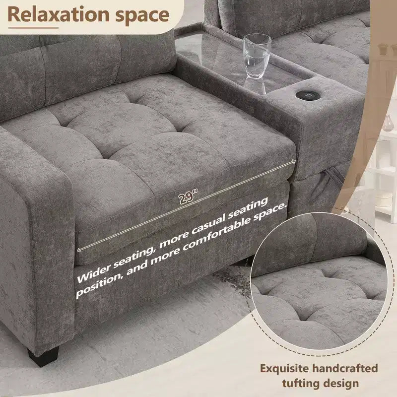 Canapé d'angle en U Whisen Chenille avec 2 consoles, chargeur USB, tiroirs et poches de rangement et pouf mobile