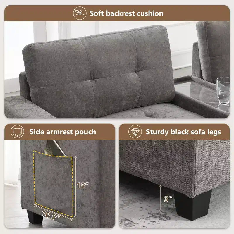 Canapé d'angle en U Whisen Chenille avec 2 consoles, chargeur USB, tiroirs et poches de rangement et pouf mobile