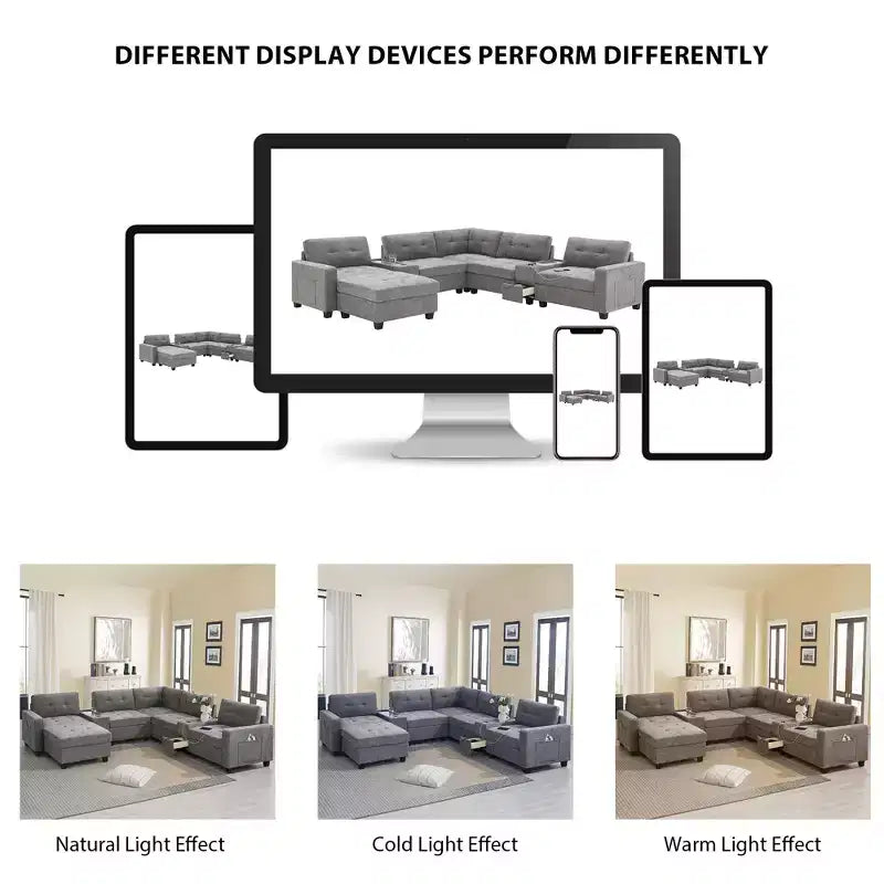 Canapé d'angle en U Whisen Chenille avec 2 consoles, chargeur USB, tiroirs et poches de rangement et pouf mobile