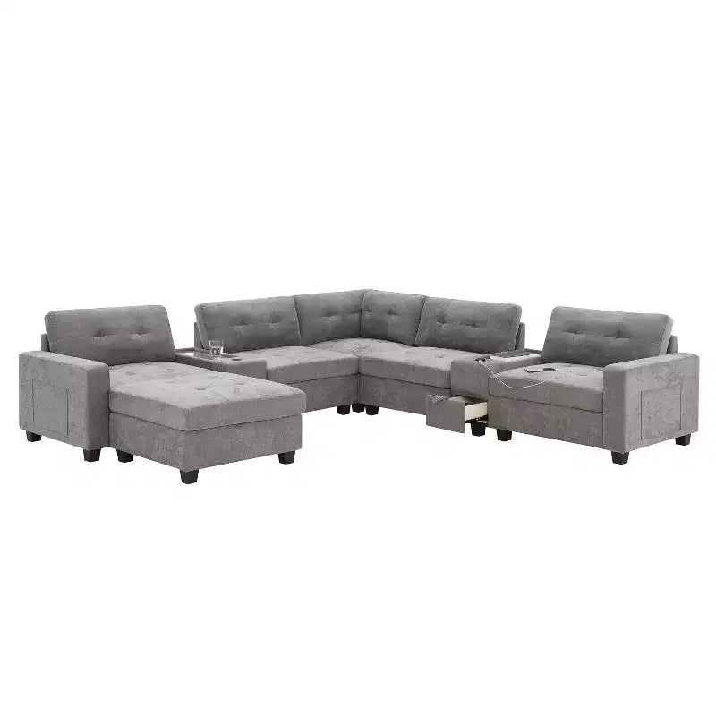Canapé d'angle en U Whisen Chenille avec 2 consoles, chargeur USB, tiroirs et poches de rangement et pouf mobile