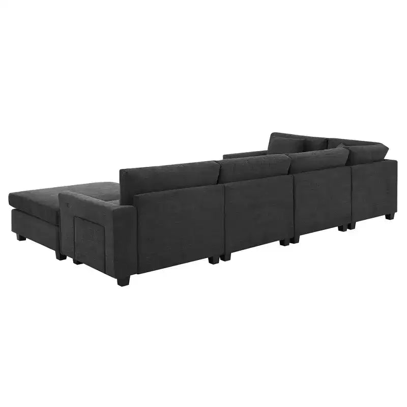 Canapé sectionnel en U Whisen Modern Chenille avec pouf surdimensionné, rangement dissimulé dans les accoudoirs et porte-gobelets, ports de chargement USB