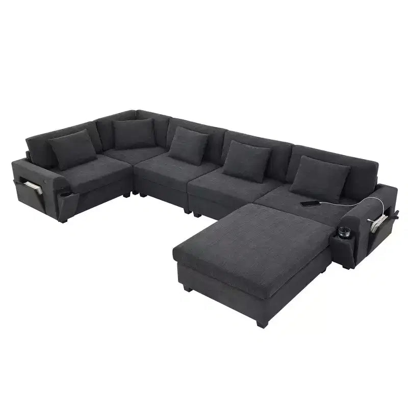 Canapé sectionnel en U Whisen Modern Chenille avec pouf surdimensionné, rangement dissimulé dans les accoudoirs et porte-gobelets, ports de chargement USB