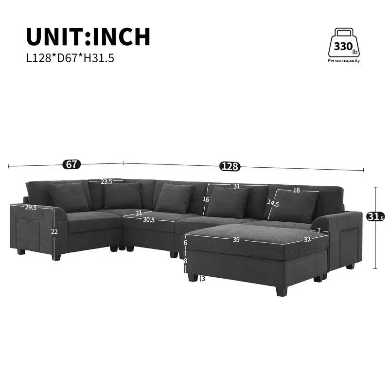 Canapé sectionnel en U Whisen Modern Chenille avec pouf surdimensionné, rangement dissimulé dans les accoudoirs et porte-gobelets, ports de chargement USB
