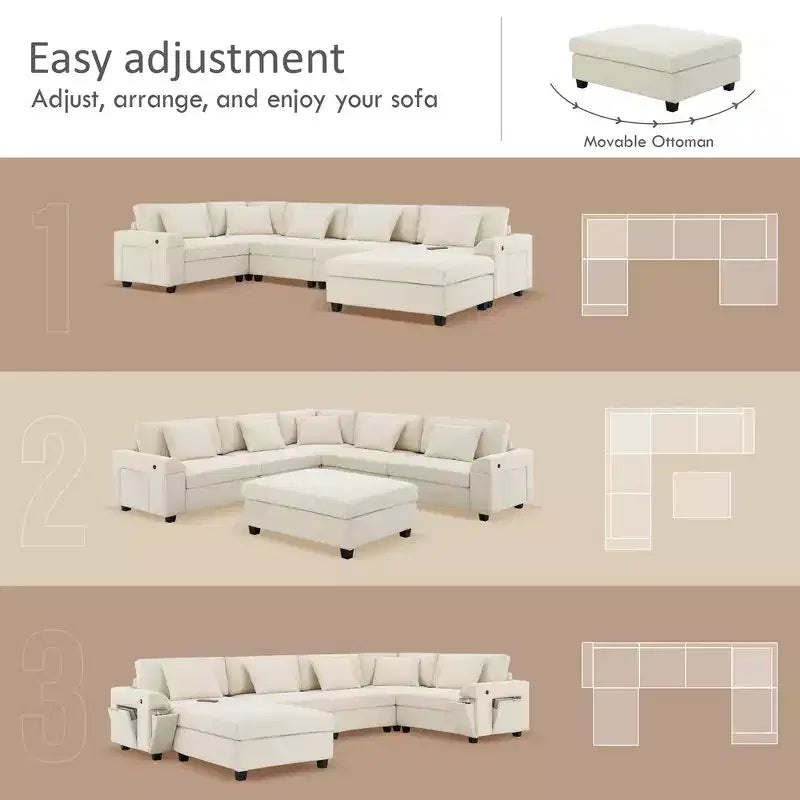 Canapé sectionnel en U Whisen Modern Chenille avec pouf surdimensionné, rangement dissimulé dans les accoudoirs et porte-gobelets, ports de chargement USB