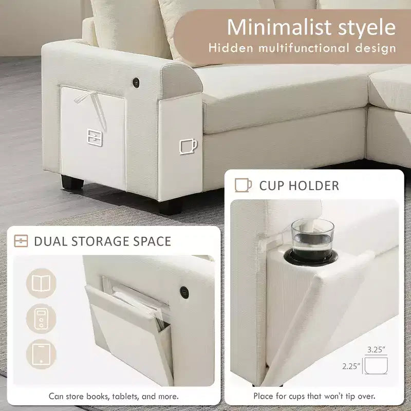 Canapé sectionnel en U Whisen Modern Chenille avec pouf surdimensionné, rangement dissimulé dans les accoudoirs et porte-gobelets, ports de chargement USB