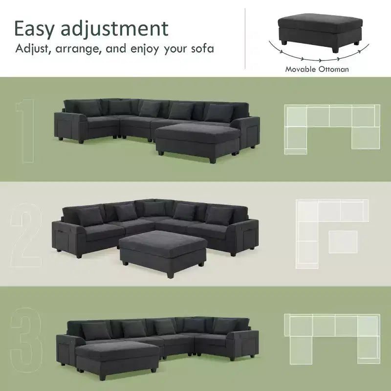 Canapé sectionnel en U Whisen Modern Chenille avec pouf surdimensionné, rangement dissimulé dans les accoudoirs et porte-gobelets, ports de chargement USB