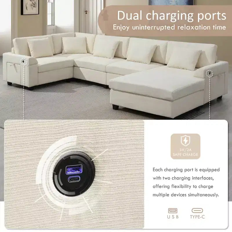 Canapé sectionnel en U Whisen Modern Chenille avec pouf surdimensionné, rangement dissimulé dans les accoudoirs et porte-gobelets, ports de chargement USB