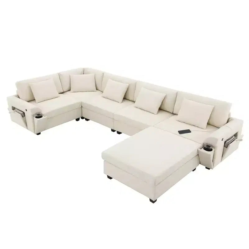 Canapé sectionnel en U Whisen Modern Chenille avec pouf surdimensionné, rangement dissimulé dans les accoudoirs et porte-gobelets, ports de chargement USB