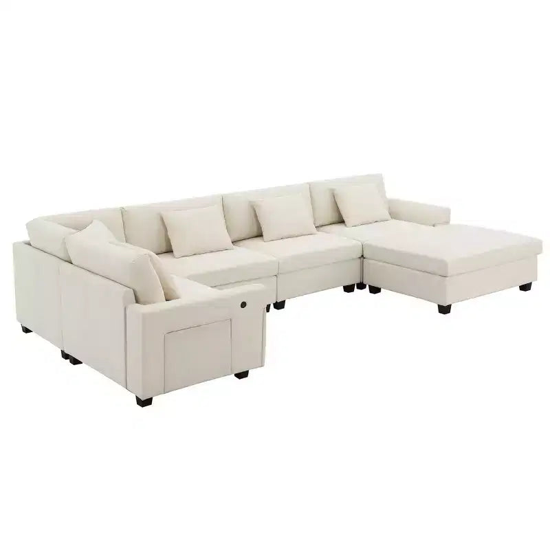 Canapé sectionnel en U Whisen Modern Chenille avec pouf surdimensionné, rangement dissimulé dans les accoudoirs et porte-gobelets, ports de chargement USB