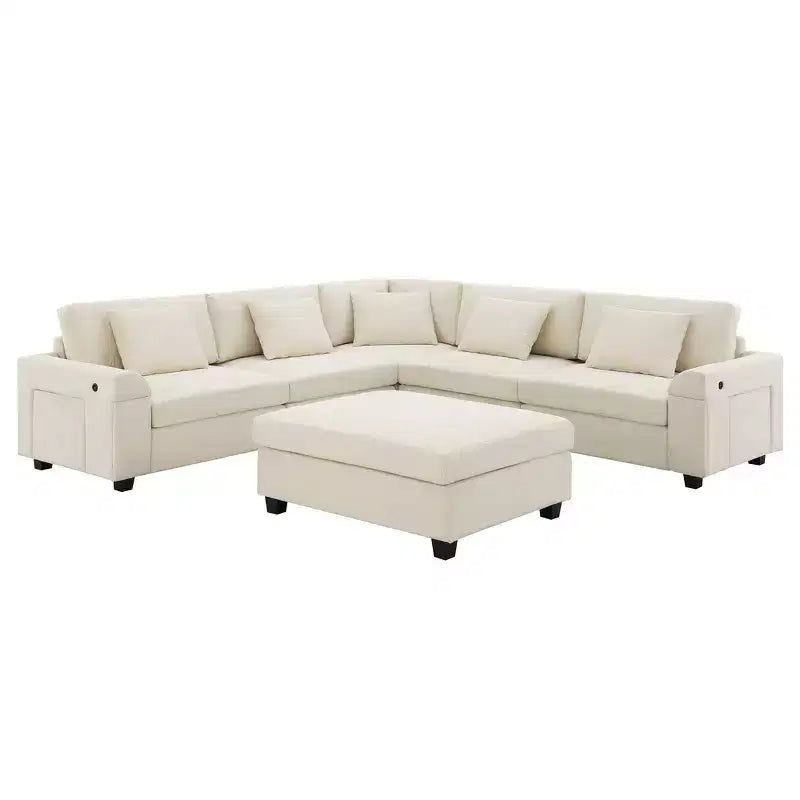 Canapé sectionnel en U Whisen Modern Chenille avec pouf surdimensionné, rangement dissimulé dans les accoudoirs et porte-gobelets, ports de chargement USB