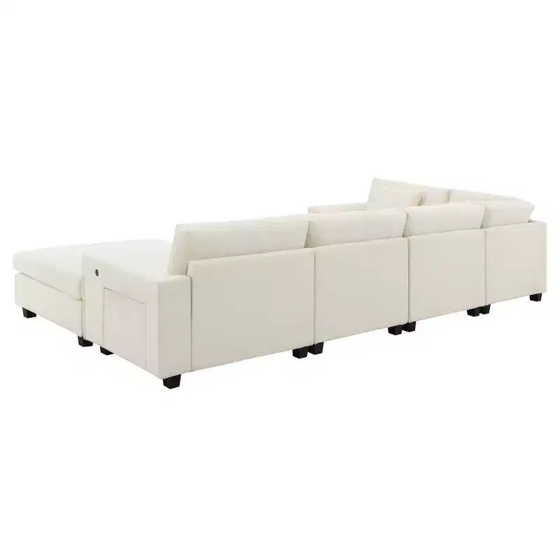 Canapé sectionnel en U Whisen Modern Chenille avec pouf surdimensionné, rangement dissimulé dans les accoudoirs et porte-gobelets, ports de chargement USB