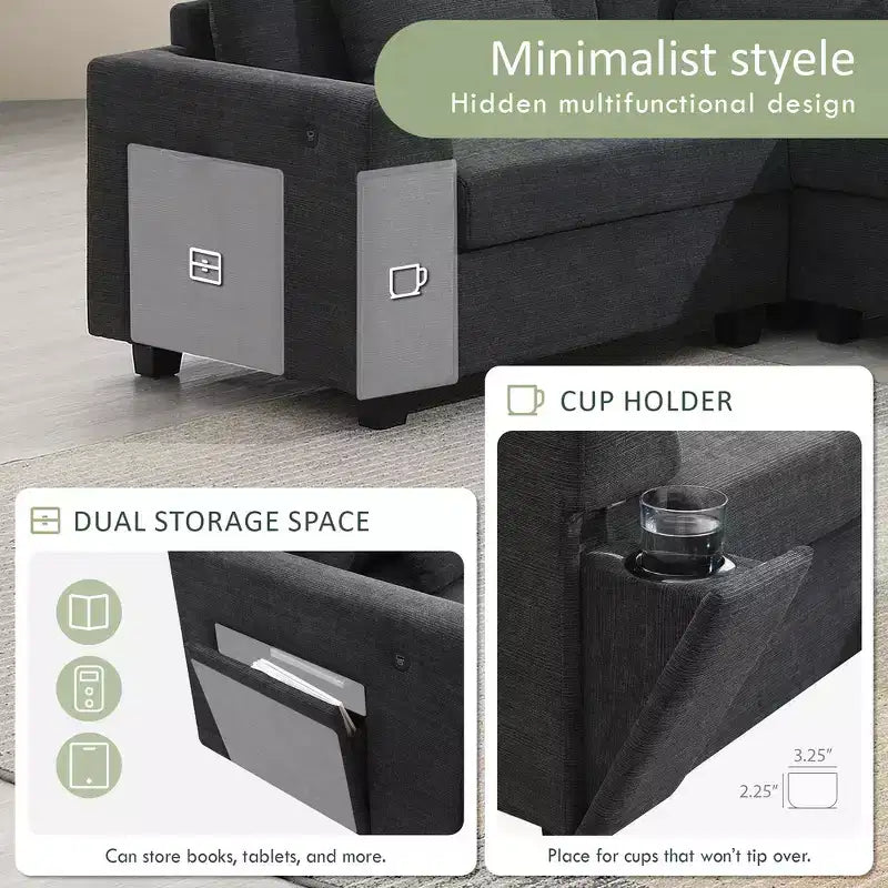 Canapé sectionnel en U Whisen Modern Chenille avec pouf surdimensionné, rangement dissimulé dans les accoudoirs et porte-gobelets, ports de chargement USB