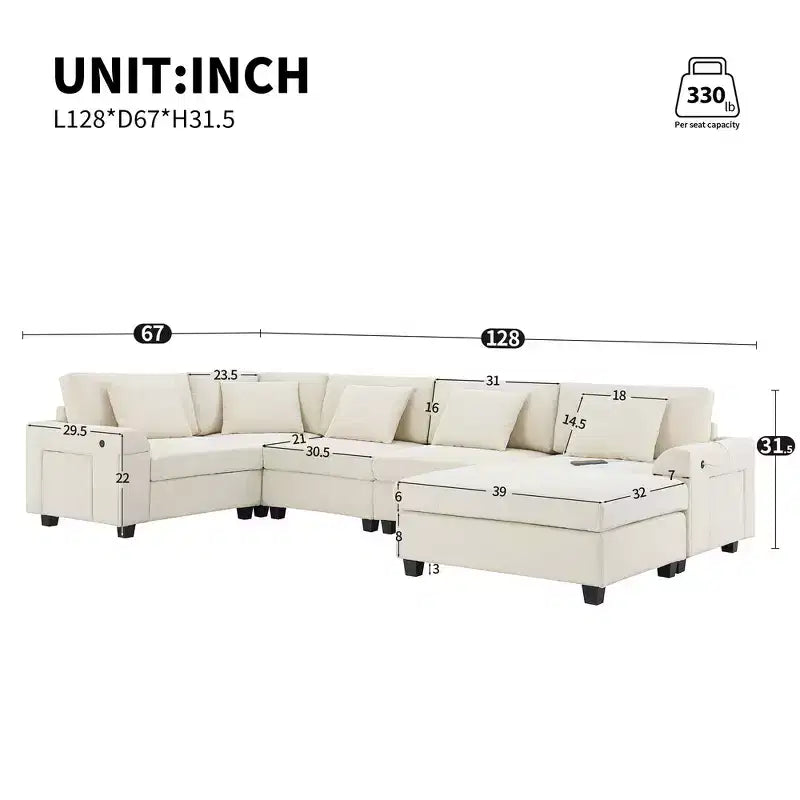 Canapé sectionnel en U Whisen Modern Chenille avec pouf surdimensionné, rangement dissimulé dans les accoudoirs et porte-gobelets, ports de chargement USB