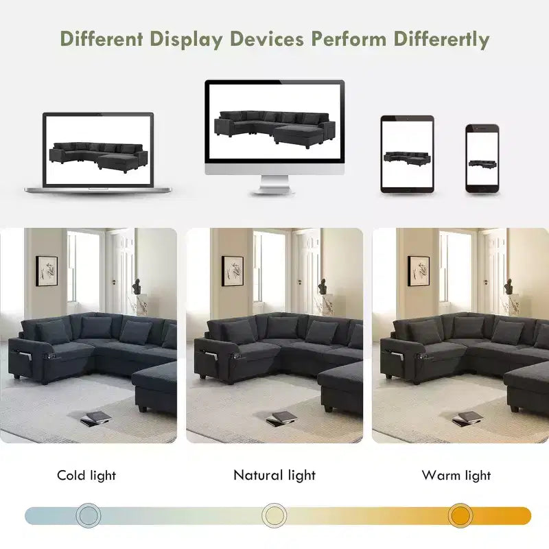 Canapé sectionnel en U Whisen Modern Chenille avec pouf surdimensionné, rangement dissimulé dans les accoudoirs et porte-gobelets, ports de chargement USB