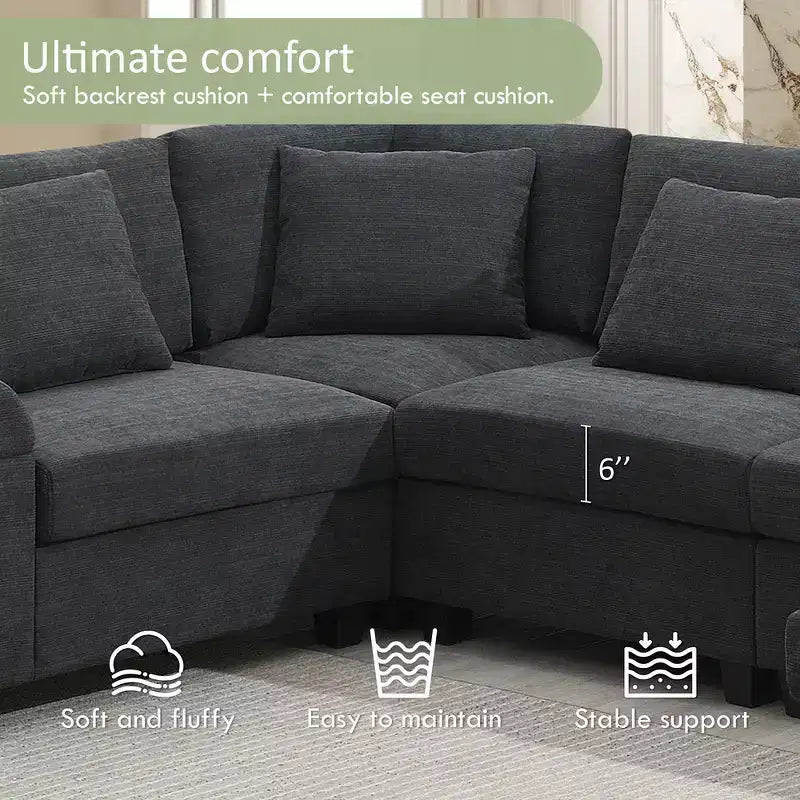 Canapé sectionnel en U Whisen Modern Chenille avec pouf surdimensionné, rangement dissimulé dans les accoudoirs et porte-gobelets, ports de chargement USB