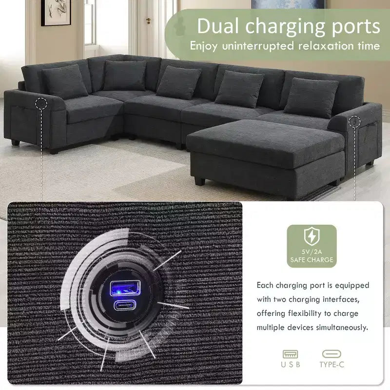 Canapé sectionnel en U Whisen Modern Chenille avec pouf surdimensionné, rangement dissimulé dans les accoudoirs et porte-gobelets, ports de chargement USB