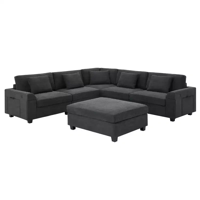 Canapé sectionnel en U Whisen Modern Chenille avec pouf surdimensionné, rangement dissimulé dans les accoudoirs et porte-gobelets, ports de chargement USB
