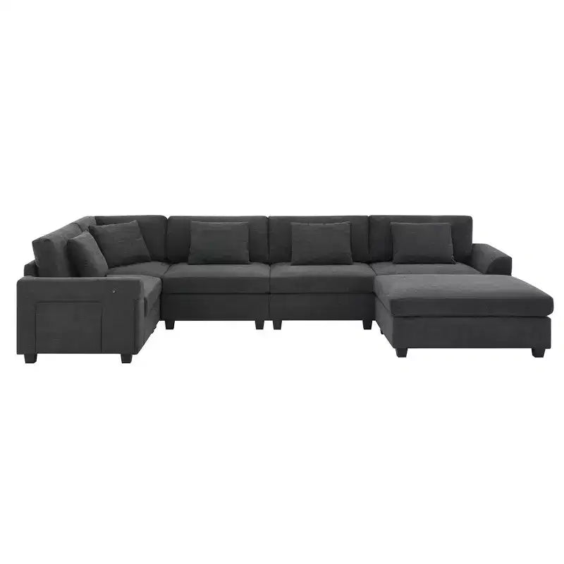 Canapé sectionnel en U Whisen Modern Chenille avec pouf surdimensionné, rangement dissimulé dans les accoudoirs et porte-gobelets, ports de chargement USB