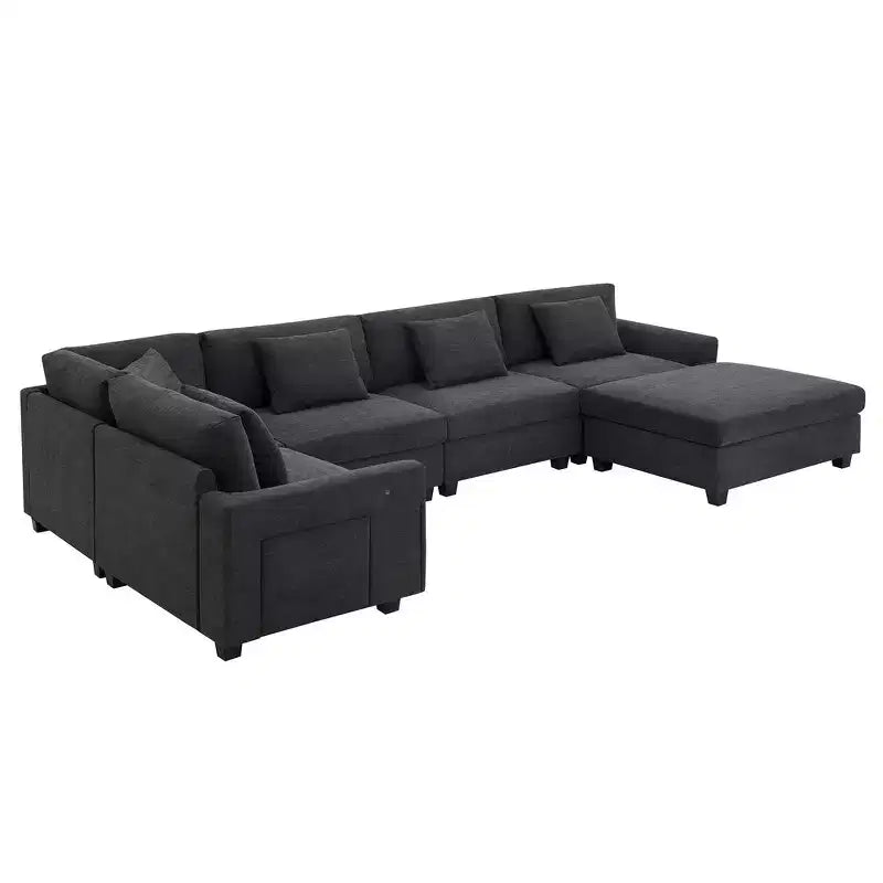 Canapé sectionnel en U Whisen Modern Chenille avec pouf surdimensionné, rangement dissimulé dans les accoudoirs et porte-gobelets, ports de chargement USB