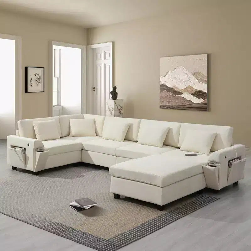 Canapé sectionnel en U Whisen Modern Chenille avec pouf surdimensionné, rangement dissimulé dans les accoudoirs et porte-gobelets, ports de chargement USB