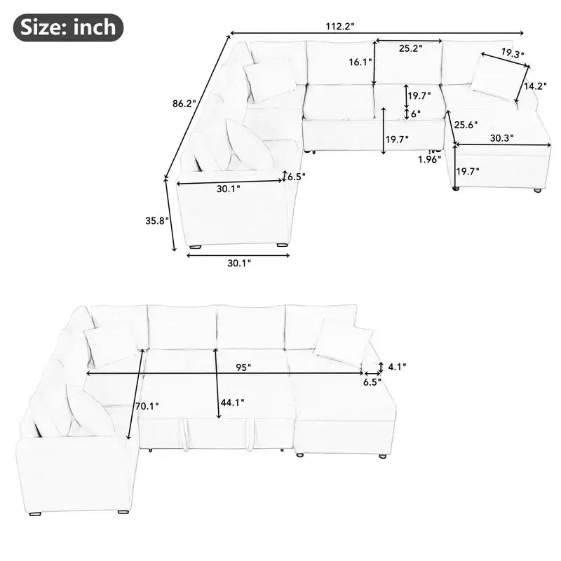 Canapé d'angle moderne Whisen 112 convertible avec pouf de rangement, trois oreillers, dispositifs de chargement