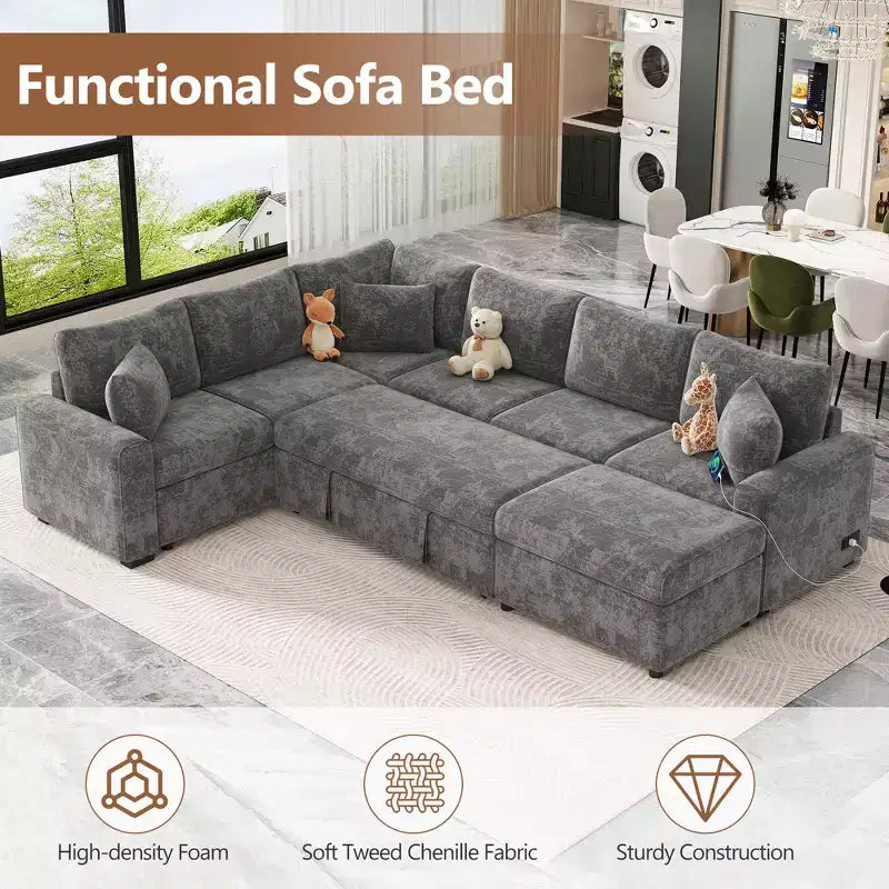 Canapé d'angle moderne Whisen 112 convertible avec pouf de rangement, trois oreillers, dispositifs de chargement