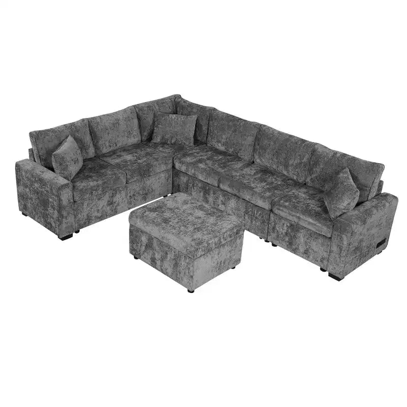 Canapé d'angle moderne Whisen 112 convertible avec pouf de rangement, trois oreillers, dispositifs de chargement