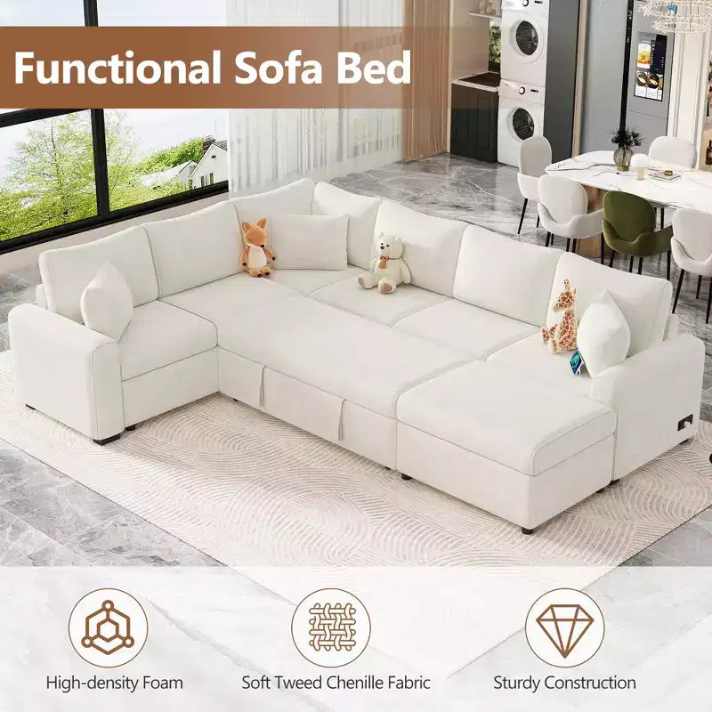 Canapé d'angle moderne Whisen 112 convertible avec pouf de rangement, trois oreillers, dispositifs de chargement