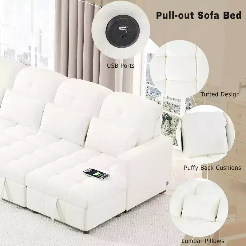 Canapé sectionnel polyvalent Whisen 110 moderne surdimensionné en forme de U avec méridiennes et ports USB