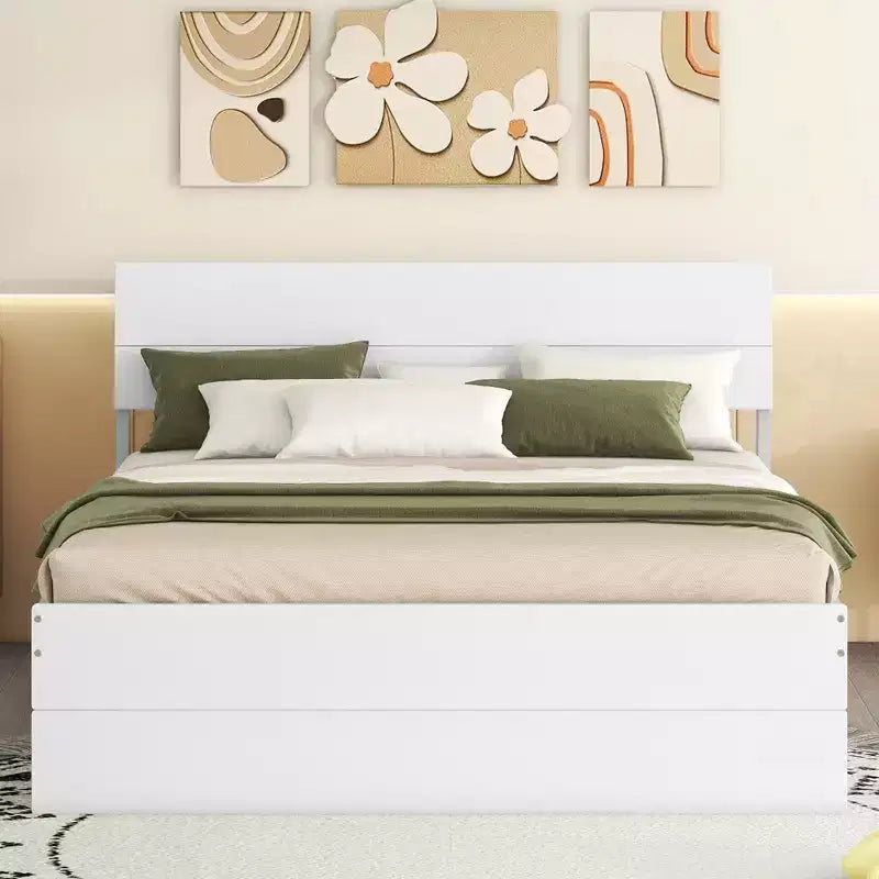Lit Plateforme Moderne GDFStudio Julie en Bois Massif Taille Double avec Lit Gigogne Taille Simple, 2 Tiroirs et Tête de Lit