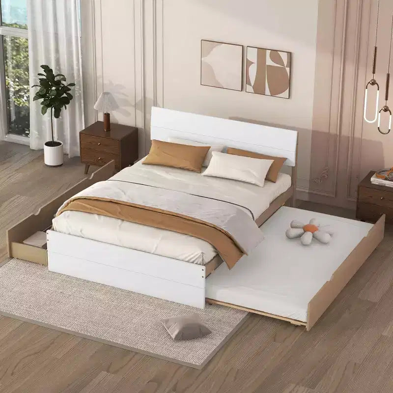 Lit Plateforme Moderne GDFStudio Julie en Bois Massif Taille Double avec Lit Gigogne Taille Simple, 2 Tiroirs et Tête de Lit