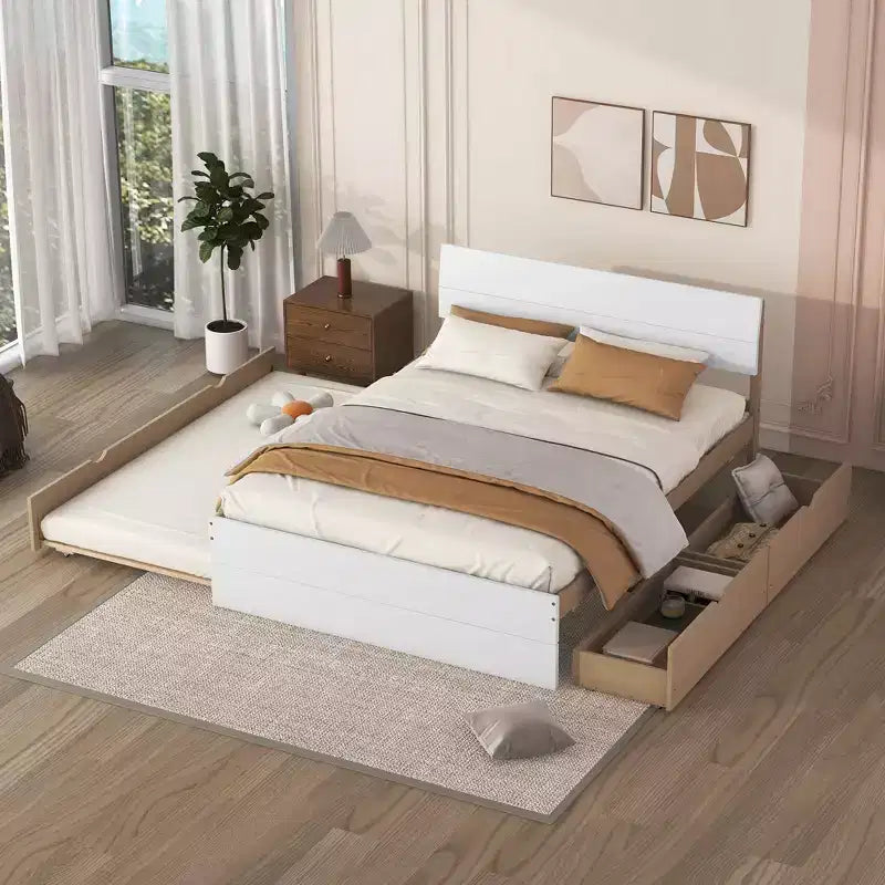 Lit Plateforme Moderne GDFStudio Julie en Bois Massif Taille Double avec Lit Gigogne Taille Simple, 2 Tiroirs et Tête de Lit