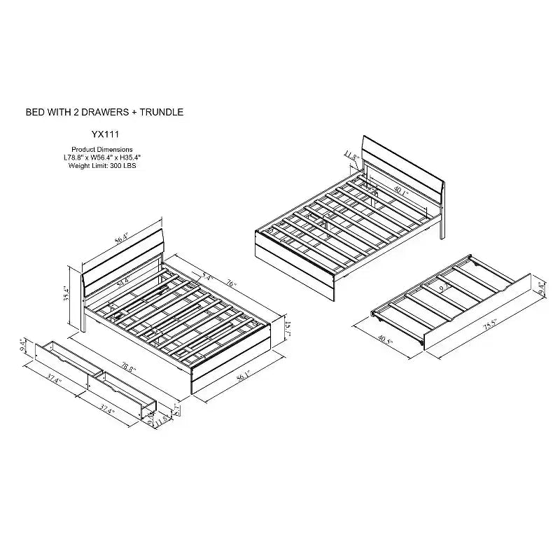 Lit Plateforme Moderne GDFStudio Julie en Bois Massif Taille Double avec Lit Gigogne Taille Simple, 2 Tiroirs et Tête de Lit