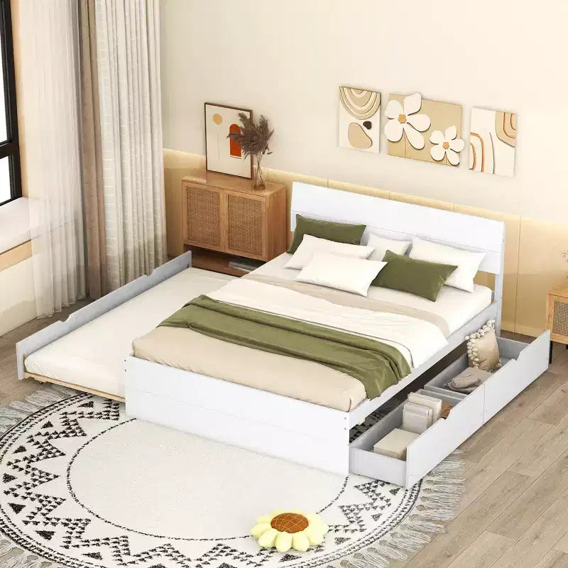 Lit Plateforme Moderne GDFStudio Julie en Bois Massif Taille Double avec Lit Gigogne Taille Simple, 2 Tiroirs et Tête de Lit