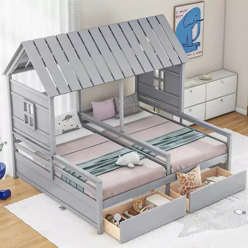 Lits plateformes Whisen House avec deux tiroirs pour lits partagés garçon et fille