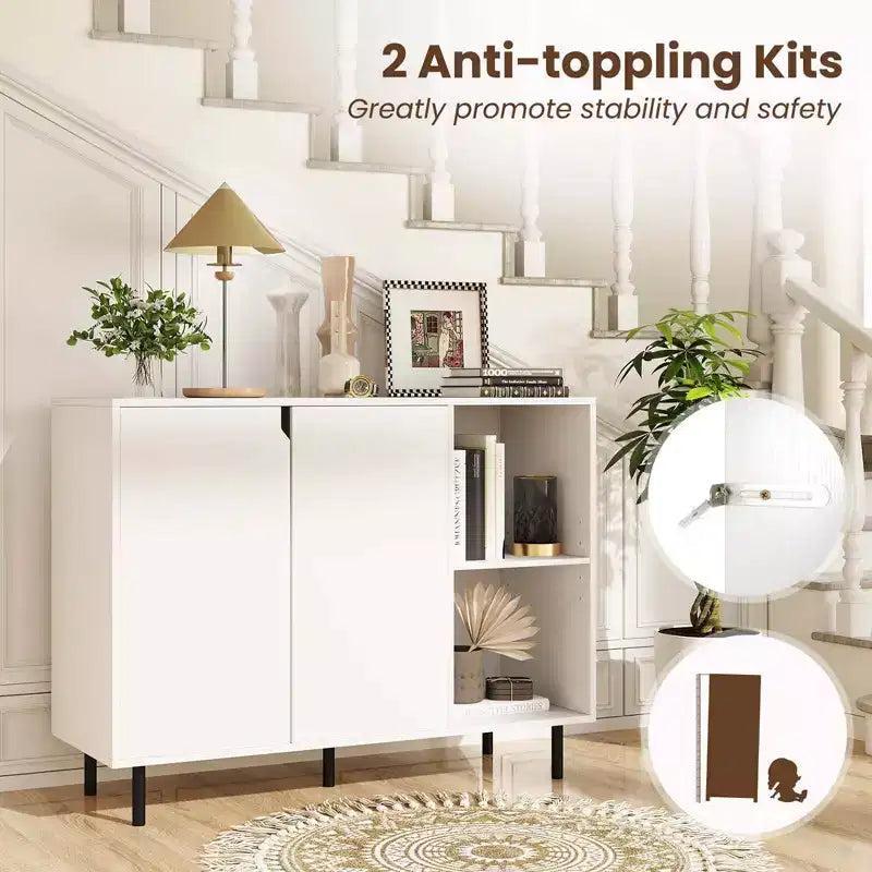 Buffet de cuisine Costway avec étagères réglables, 2 portes, pieds en métal robustes, blanc