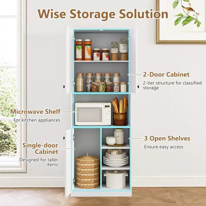 Meuble de rangement pour garde-manger Costway 166,4 cm de haut, meuble de cuisine moderne avec support micro-ondes marron/blanc