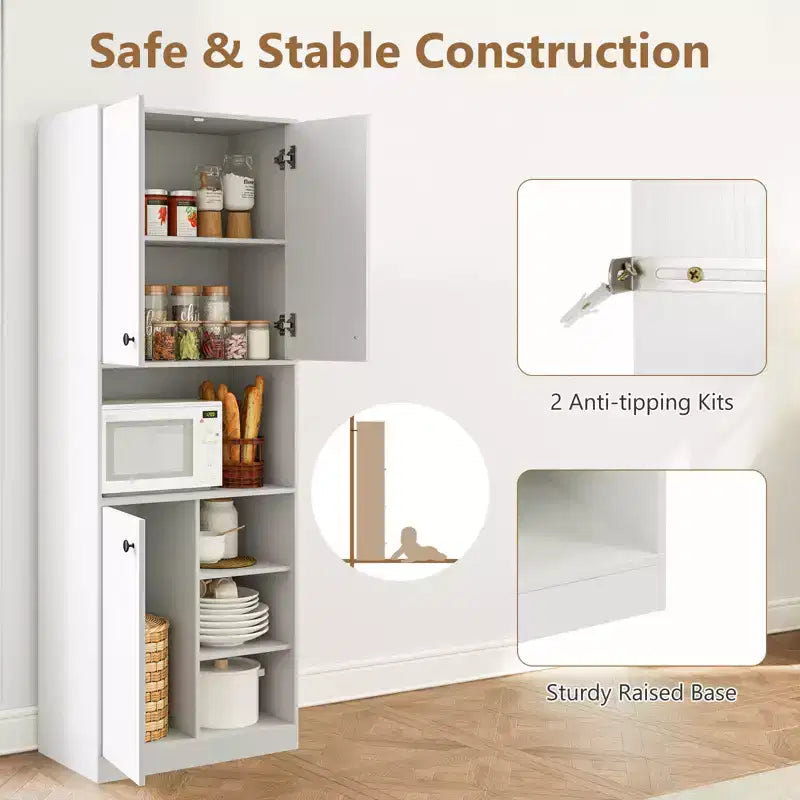 Meuble de rangement pour garde-manger Costway 166,4 cm de haut, meuble de cuisine moderne avec support micro-ondes marron/blanc