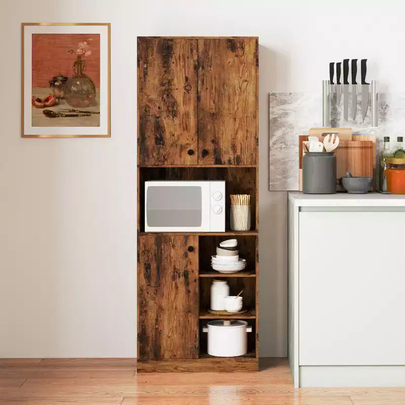Meuble de rangement pour garde-manger Costway 166,4 cm de haut, meuble de cuisine moderne avec support micro-ondes marron/blanc