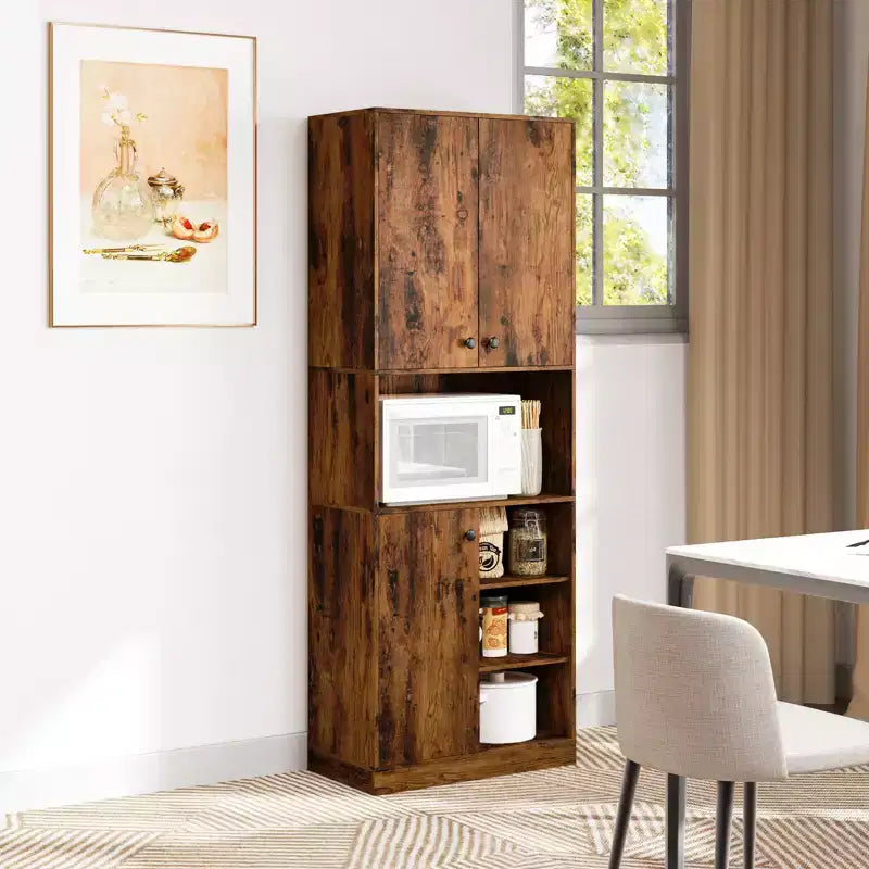 Meuble de rangement pour garde-manger Costway 166,4 cm de haut, meuble de cuisine moderne avec support micro-ondes marron/blanc