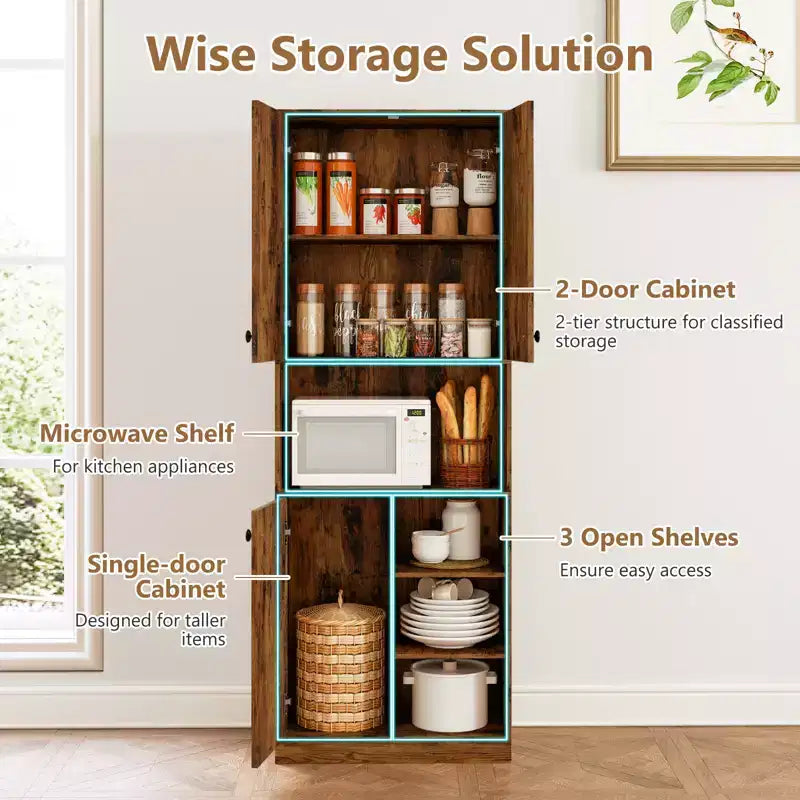 Meuble de rangement pour garde-manger Costway 166,4 cm de haut, meuble de cuisine moderne avec support micro-ondes marron/blanc