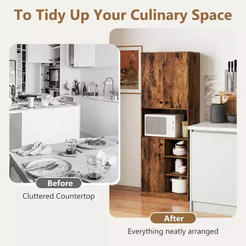 Meuble de rangement pour garde-manger Costway 166,4 cm de haut, meuble de cuisine moderne avec support micro-ondes marron/blanc